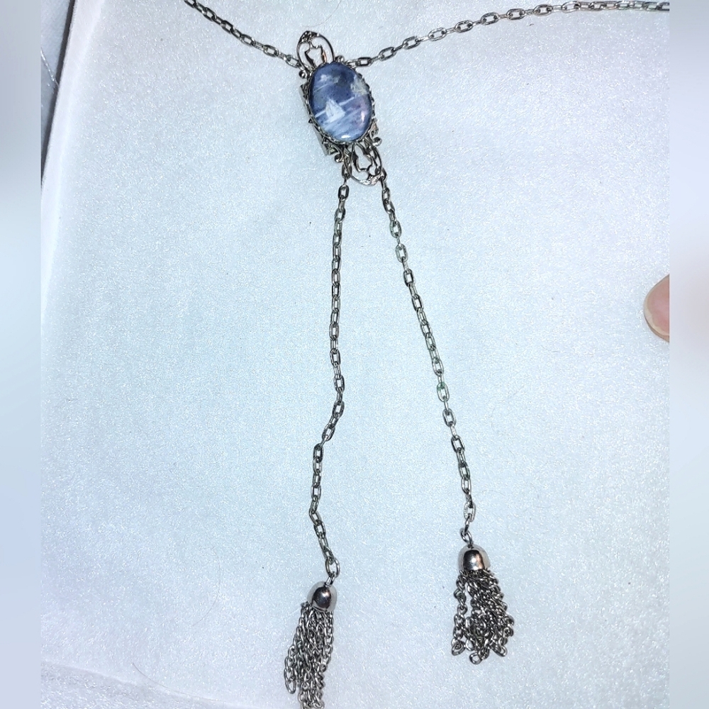 Blue & White Sailboat Image Cabochon Bolo Necklace Silver Metalwork - Picture 7 of 8